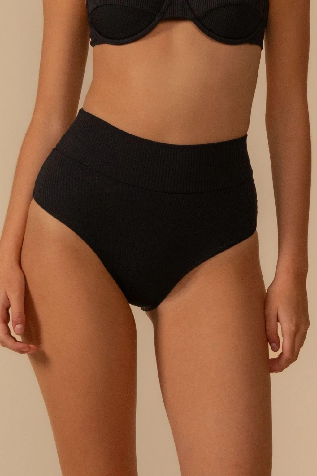 Black Rib Added Coverage High Rise Bikini Bottom | Montce