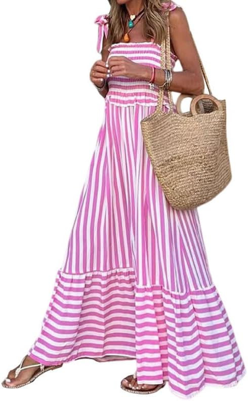 NUFIWI Womens Tie Shoulder Graphic Boho Maxi Dress Sleeveless Flowy Tiered A Line Dress Summer Vo... | Amazon (US)