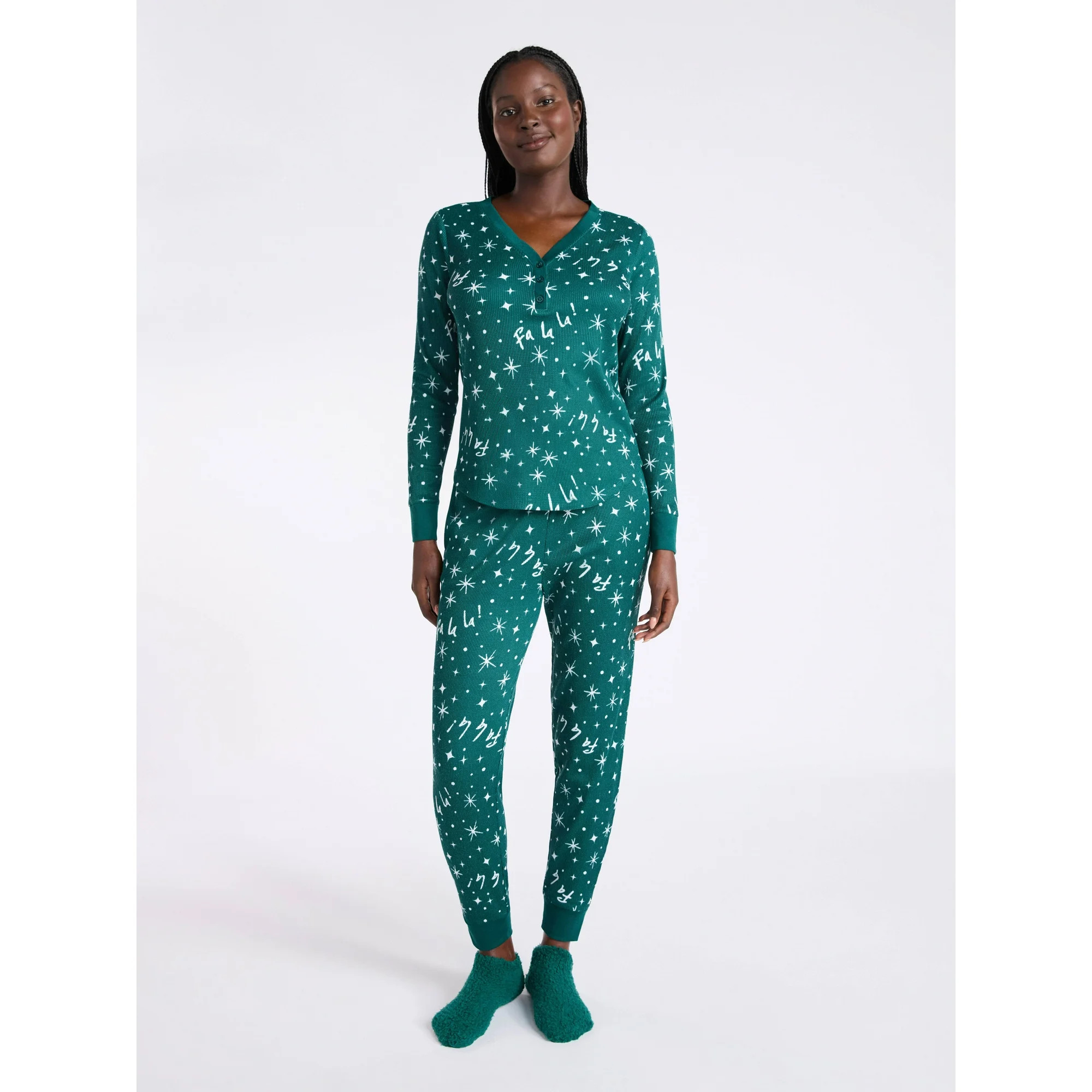 Joyspun Women's Waffle Knit Henley Sleep Top, Joggers and Socks Pajama Set, 3-Piece, Sizes XS-3X | Walmart (US)