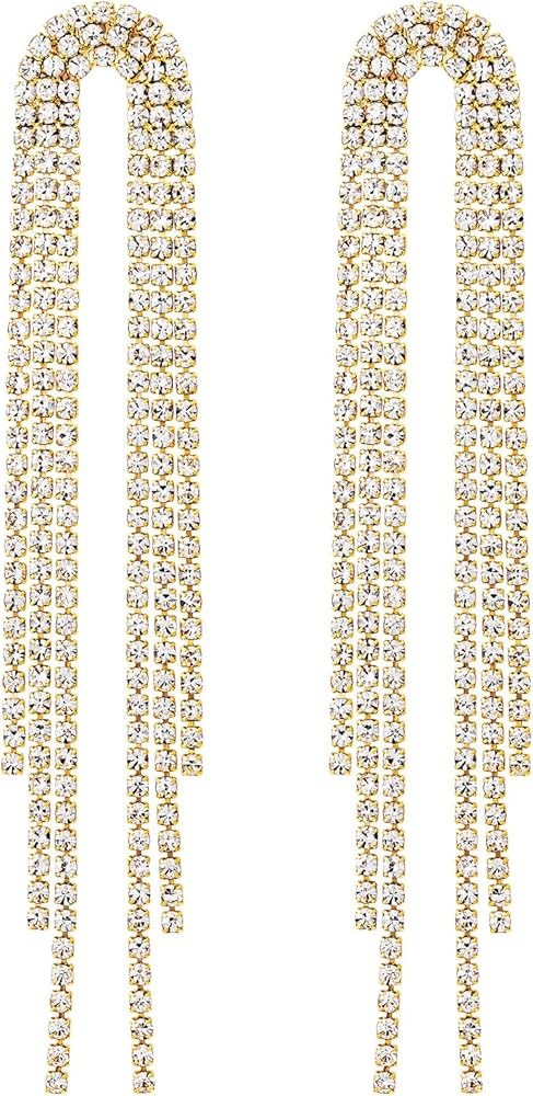 SELOVO Big Chain Tassel Statement Earrings Bridal Wedding Rhinestone Dangle Earrings | Amazon (US)