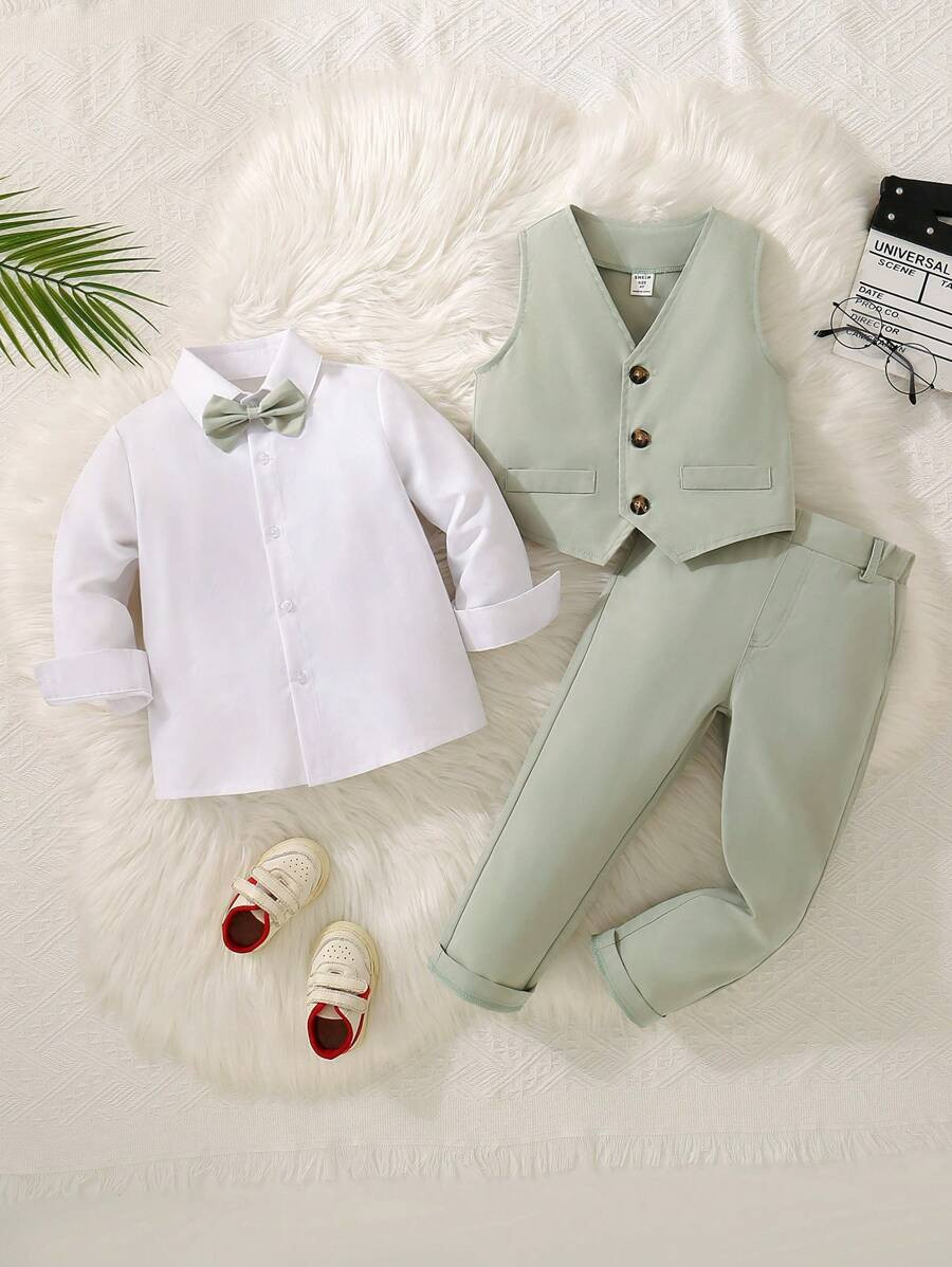 SHEIN Gentleman 3-Piece Suit For Young Boys, Includes Elegant Bow Tie, White Collar Shirt, Vest A... | SHEIN