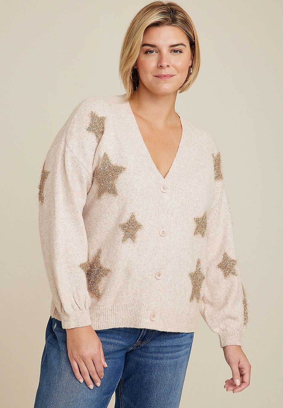 Plus Size Tinsel Star Button Down Cardigan | Maurices