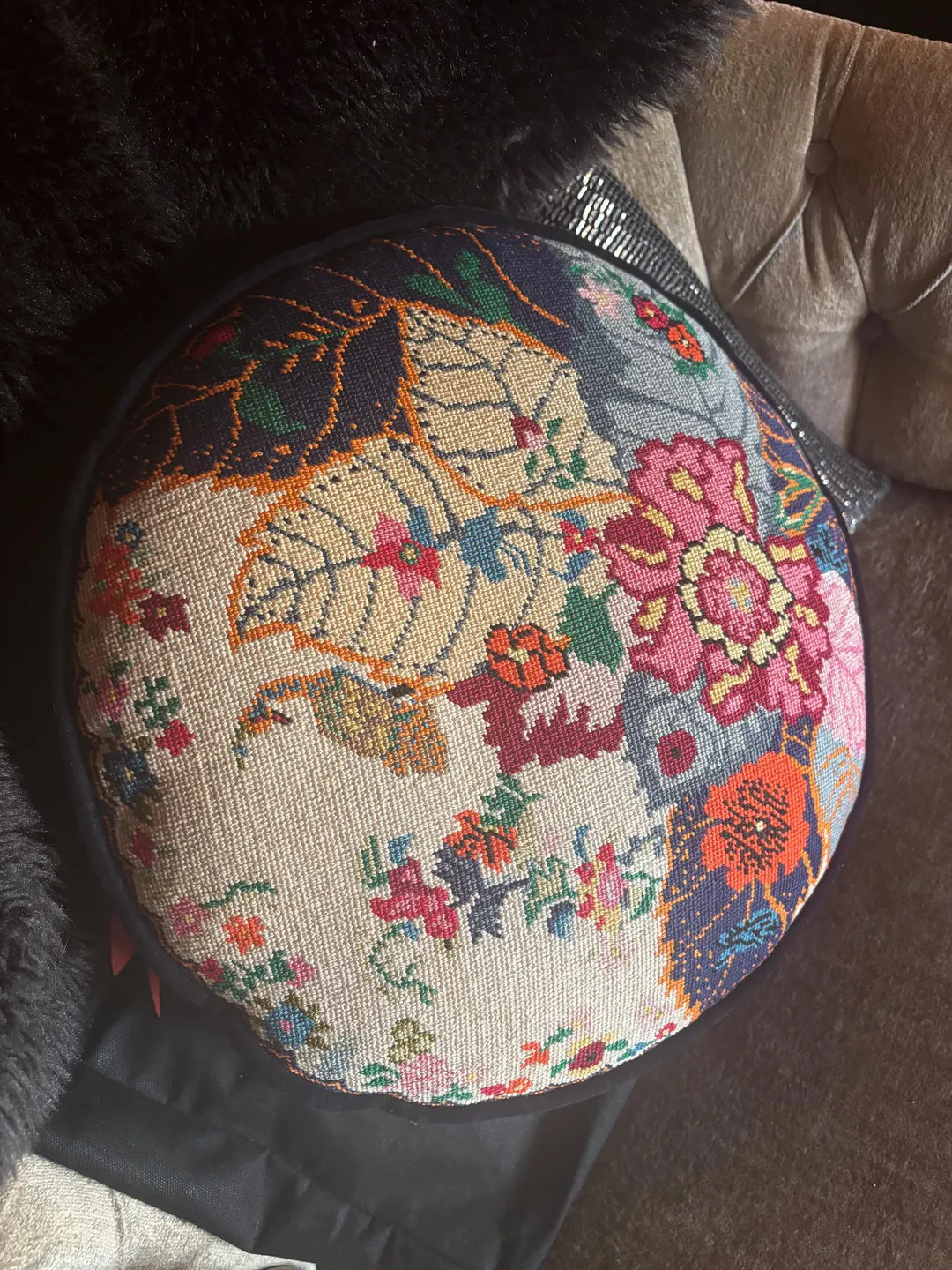 Vintage Round Pillow - Needlepoint flowers peacock      Pink Blue Red Ivory Green - Dark Blue vel... | Etsy (US)
