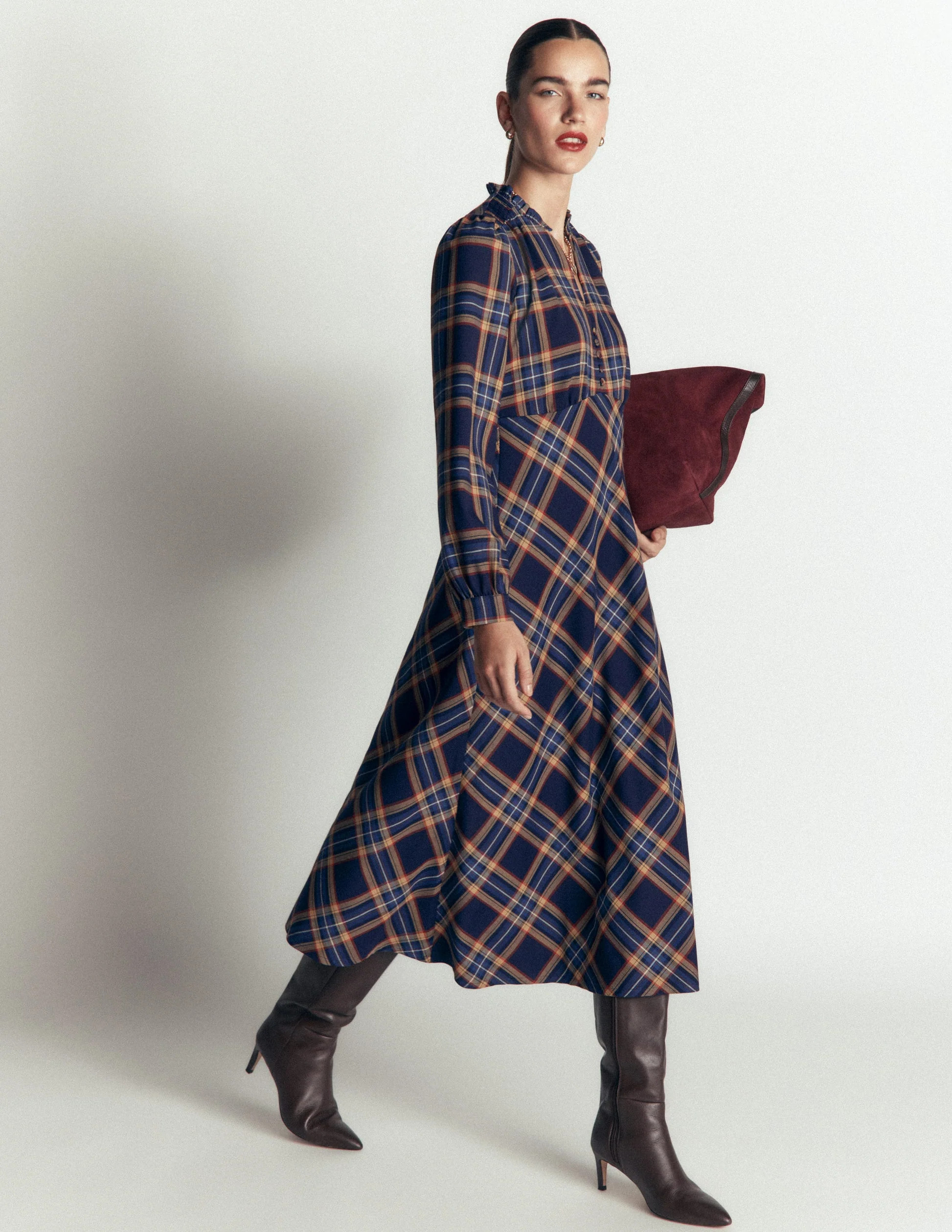 Cassie Checked Tea Dress-Maroon and Olive Check | Boden (US)