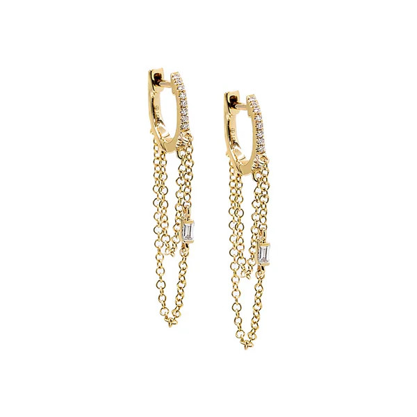 Diamond Baguette Double Chain Huggie Earring 14K | Adina Eden
