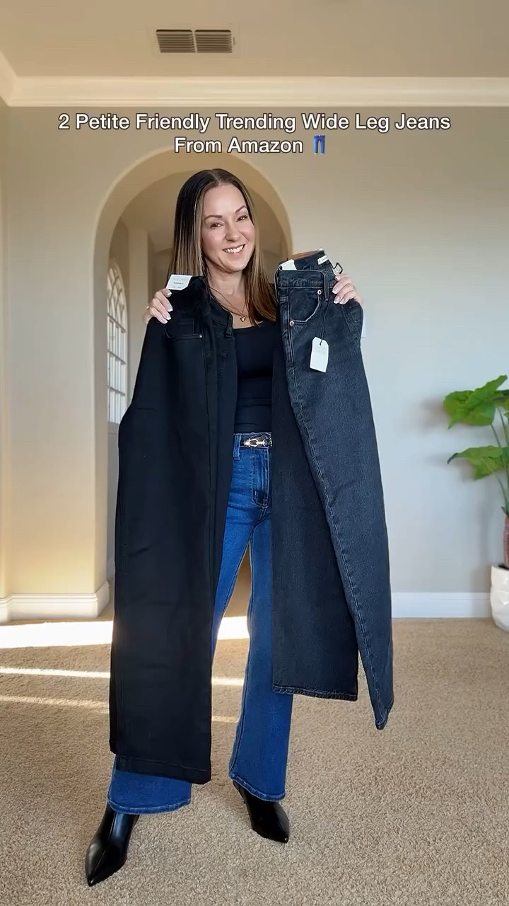 👖2 pairs petite friendly trending wide leg jeans from Amazon! 
🚨 Spoiler alert! I kept both pairs #sogood

For reference: I’m 5’1”, 110lbs
First pair - 2 Short in black TTS 
High-rise, Lots a of stretch, zipper fly.
Second pair - 25 in color Black Sprout (size up 1 size) 
High-rise, little stretch, button fly

Petite Fashion   Petite jeans  mom outfits  wide leg jeans  petite style   Amazon fashion  Amazon finds  outfit inspo  boots  jeans  cute outfits  trending  winter jeans  denim  everydayholly

#LTKOver40 #LTKStyleTip #LTKWatchNow