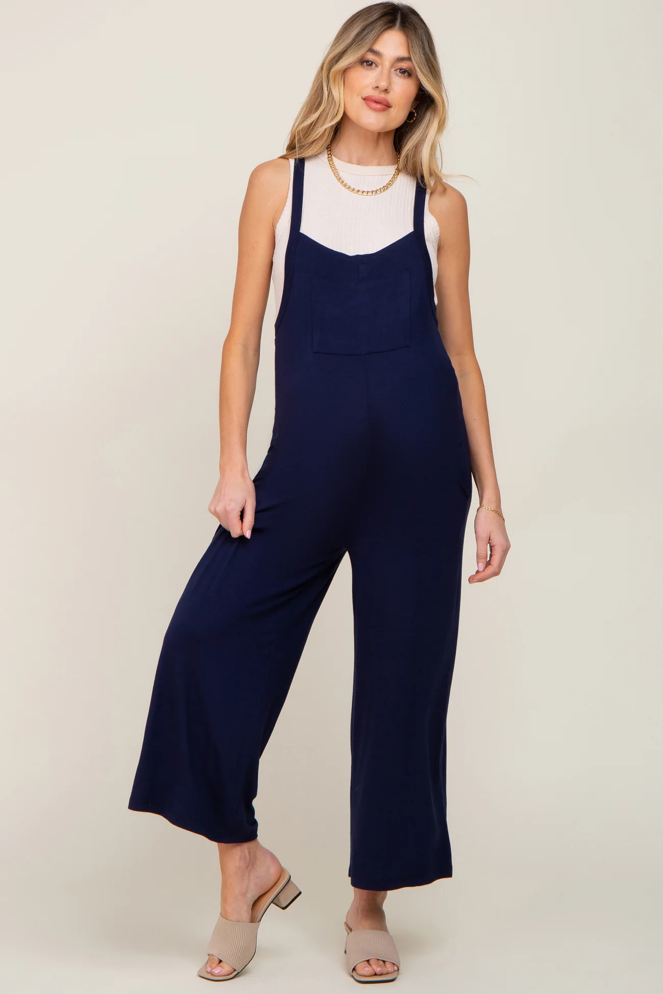 Dark Navy Sleeveless Wide Leg Maternity Jumpsuit | PinkBlush Maternity