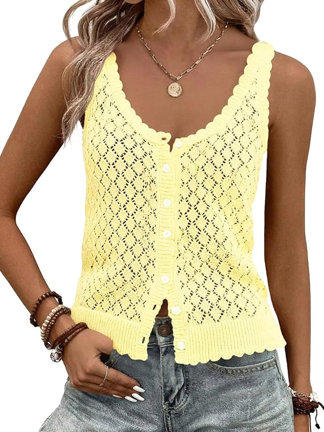 Fisoew Womens Sweater Tank Tops Summer Sleeveless Crochet Cardigan Button Down Boho Knit Going Ou... | Amazon (US)