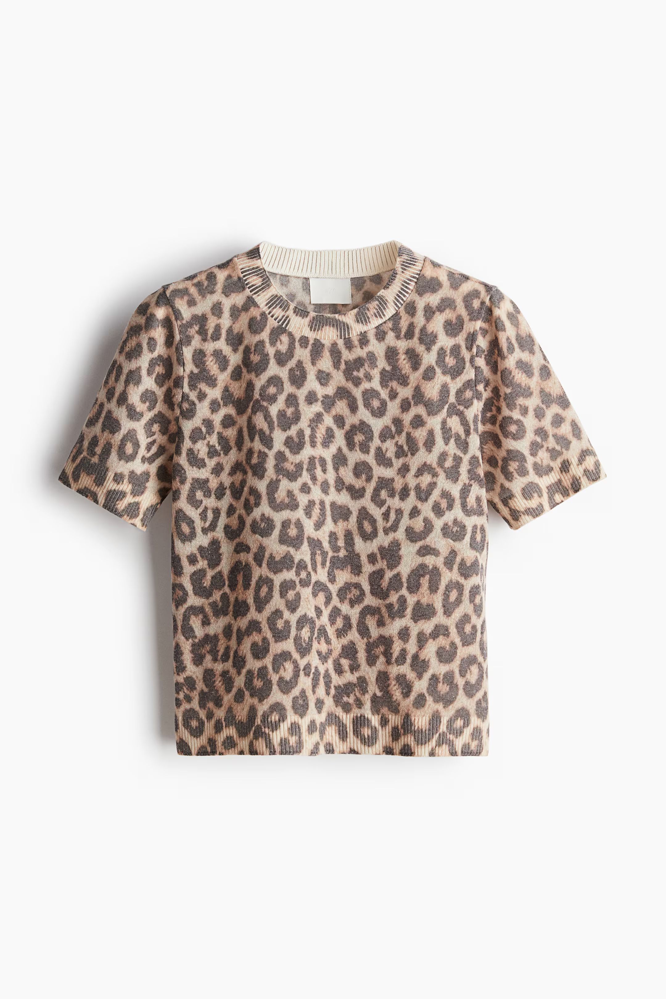 Fine-knit T-shirt - Crew-neck - Short sleeve - Light beige/Leopard print - Ladies | H&M GB | H&M (UK, MY, IN, SG, PH, TW, HK)