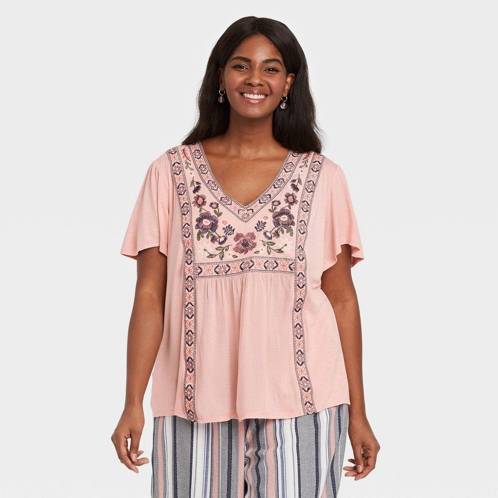 Women's Plus Size Short Sleeve Embroidered Top - Knox Rose Pink 3X | Target