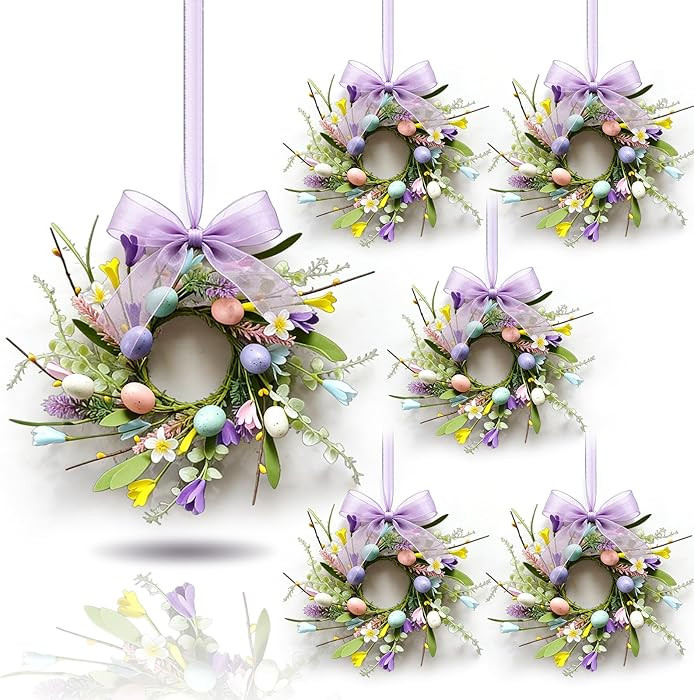 6 Pcs Small Easter Hanging Wreaths for Cabinets with Eggs and Flowers Spring Mini Candle Rings Wr... | Amazon (US)