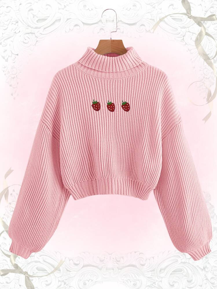 ROMWE Sweetness Strawberry Embroidery High Neck Sweater | SHEIN