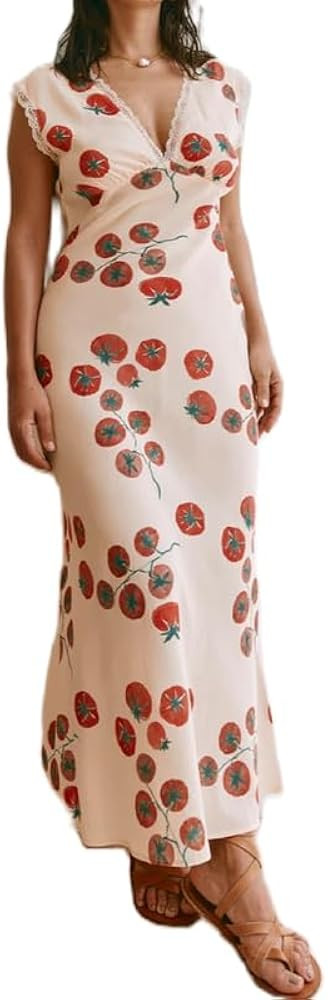 Women Y2K V Neck Maxi Dresses Hollow Out Backless Satin Dress Split Floral Evening Party Dresses ... | Amazon (US)