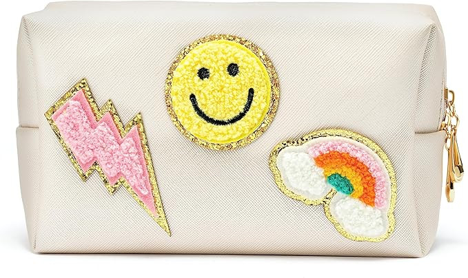 LieToi Preppy Patch Small Cosmetic Toiletry Bag Smile Rainbow Lightning PU Leather Waterproof Por... | Amazon (US)