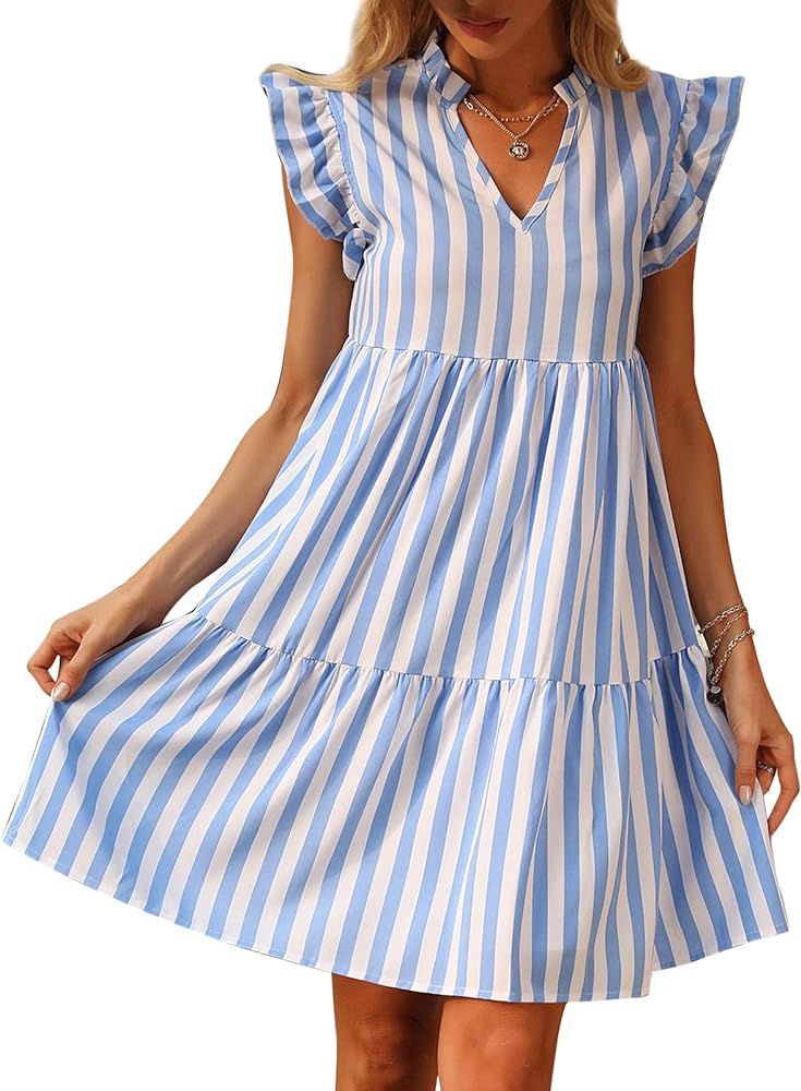 LIKI SWAN Women V Neck Sleeveless Midi Dress Casual Ruffle Summer Dress with Bow Shoulder Strap | Amazon (US)