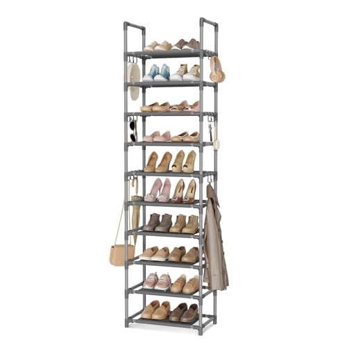 VTRIN 10 Tiers Tall Shoe Rack Holds 20-25 Pairs of Shoes Sturdy Vertical Shoe Organizer with 18pcs Hooks Stackable Narrow Shoe Rack for Closet, Entryway Grey | Amazon (US)