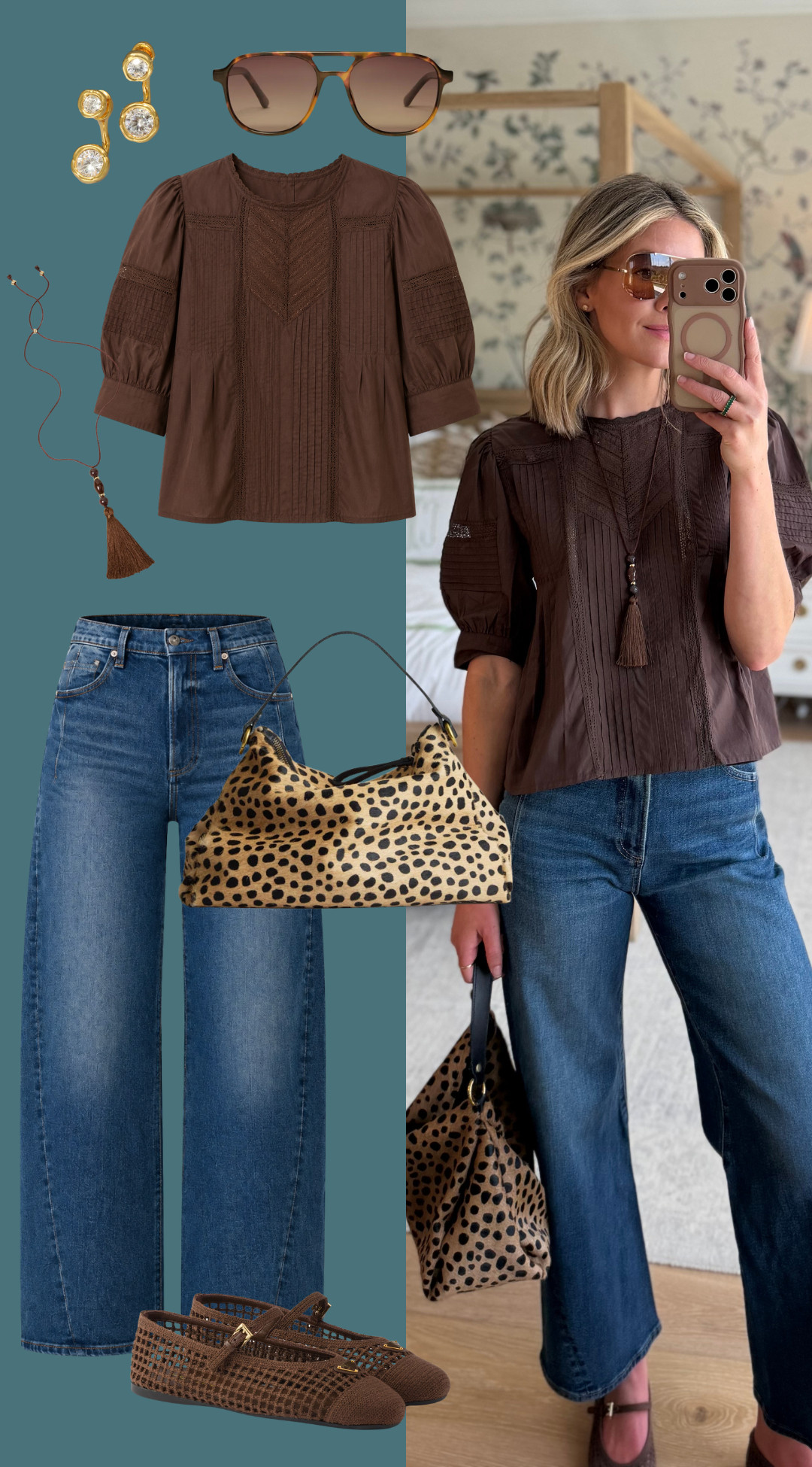 a fall outfit formula i’ll be repeating over and over: a pretty detailed blouse, relaxed wide-leg denim, and a few really good accessories to pull everything together. i love how the chocolate brown top makes the denim feel a little more seasonal, and the woven flats are such an easy everyday shoe for this time of year.

the leopard bag adds just enough print without taking over the look, and the brown sunglasses + tassel necklace tie everything together. such an easy outfit for lunch, errands, school drop-off, or a casual dinner.

wearing a small in the top and size 26 in the jeans.  

 #LTKootd #LTKSeasonal