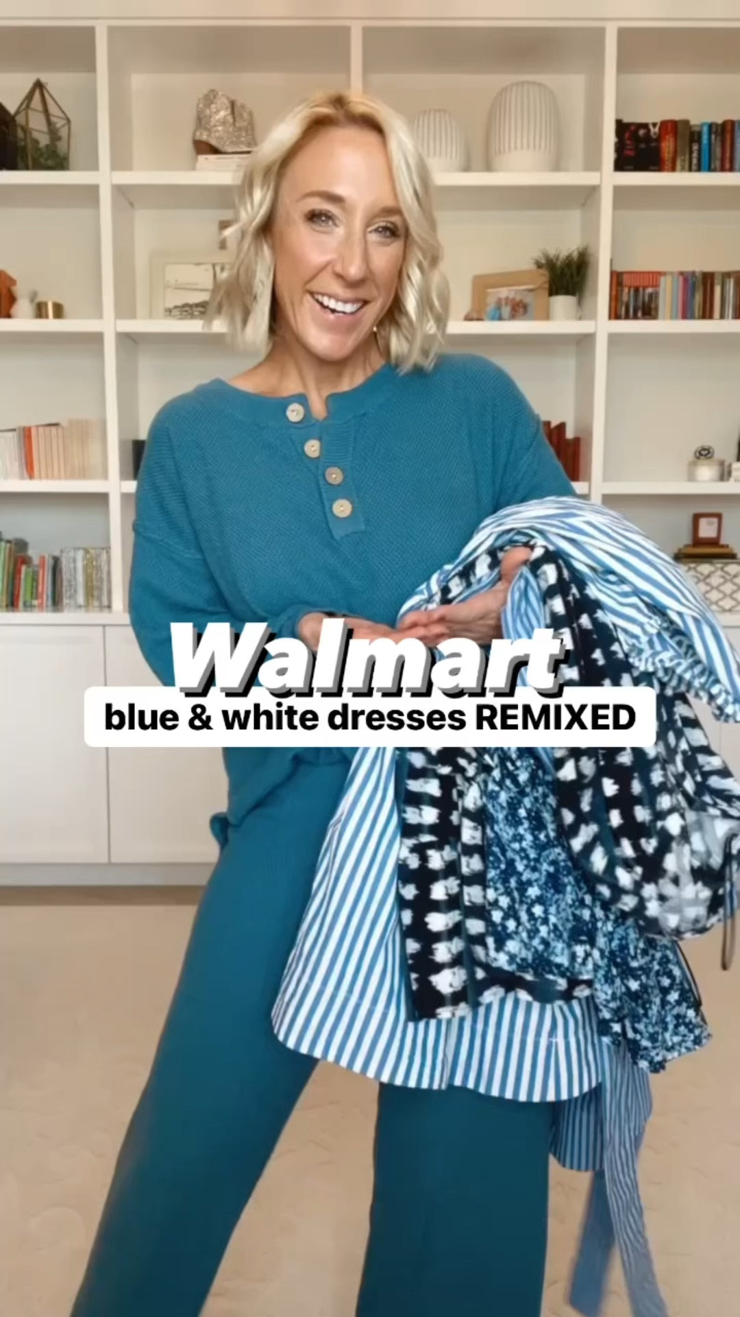 Walmart blue and white dresses remixed (or styled up a bit):
1: ruffle neck dress - size small. 
• sweater vest - size medium.
2: drawstring dress - size small.
• belt is one size.
3: belted midi dress - size small. 
• jean jacket - size small.
• belt is old.
4: drawstring dress - size small.
• blazer - size medium.
• belt is old.

#LTKSeasonal #LTKVideo #LTKfindsunder50