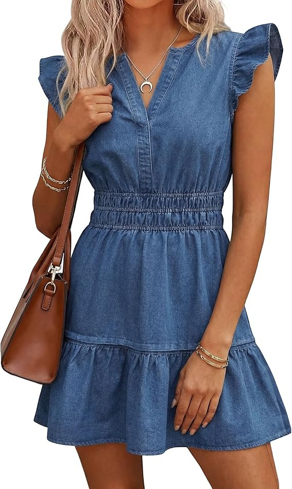 BISUAL Denim Dress for Women Ruffle Sleeve Empire Waist Jean Dress Flowy Tiered A Line Mini Denim... | Amazon (US)