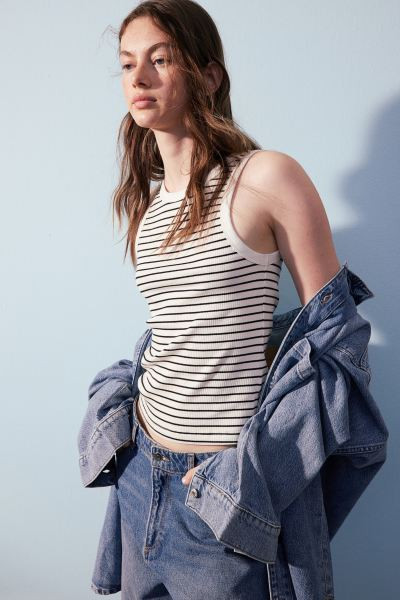 Ribbed Tank Top - Round Neck - Sleeveless - White/striped - Ladies | H&M US | H&M (US + CA)