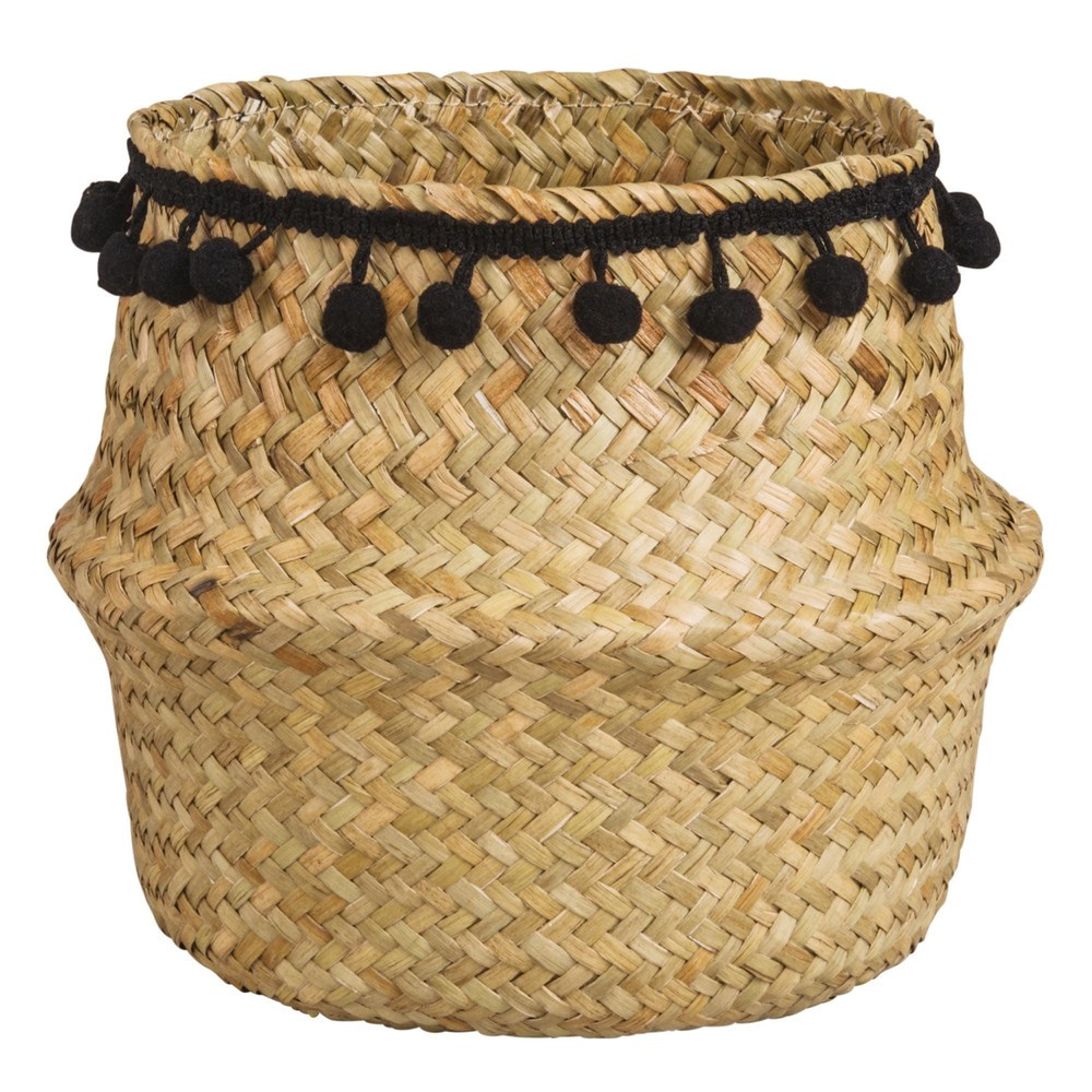 Corbeille en jonc de mer et pompons noirs | Maisons du Monde FR