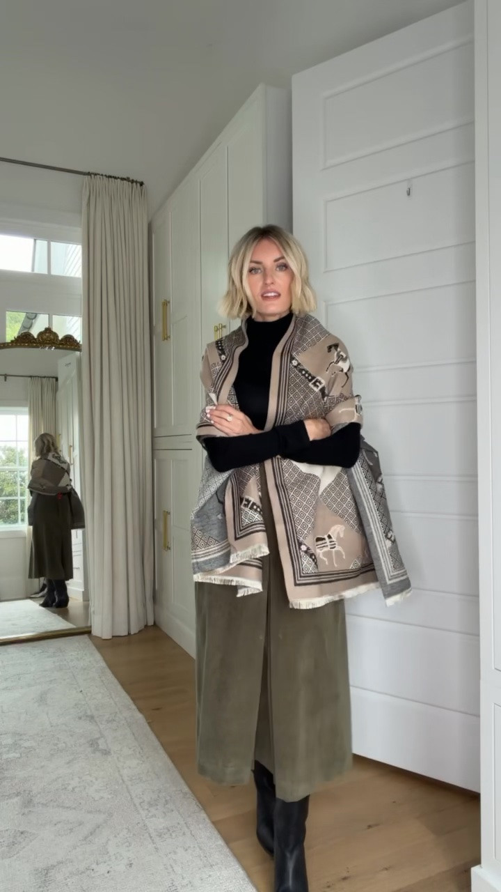 The prettiest finishing touch! This equestrian-inspired scarf adds such a chic, classic feel to a simple black turtleneck and corduroy skirt. Skirt wearing size 2, Turtleneck wearing size S!

loverly grey, tuckernuck, Hermes inspired, designer dupe, equestrian scarf, printed scarf, fall accessories, corduroy midi skirt, black turtleneck, classic fall outfits, elevated accessories, fall styling ideas