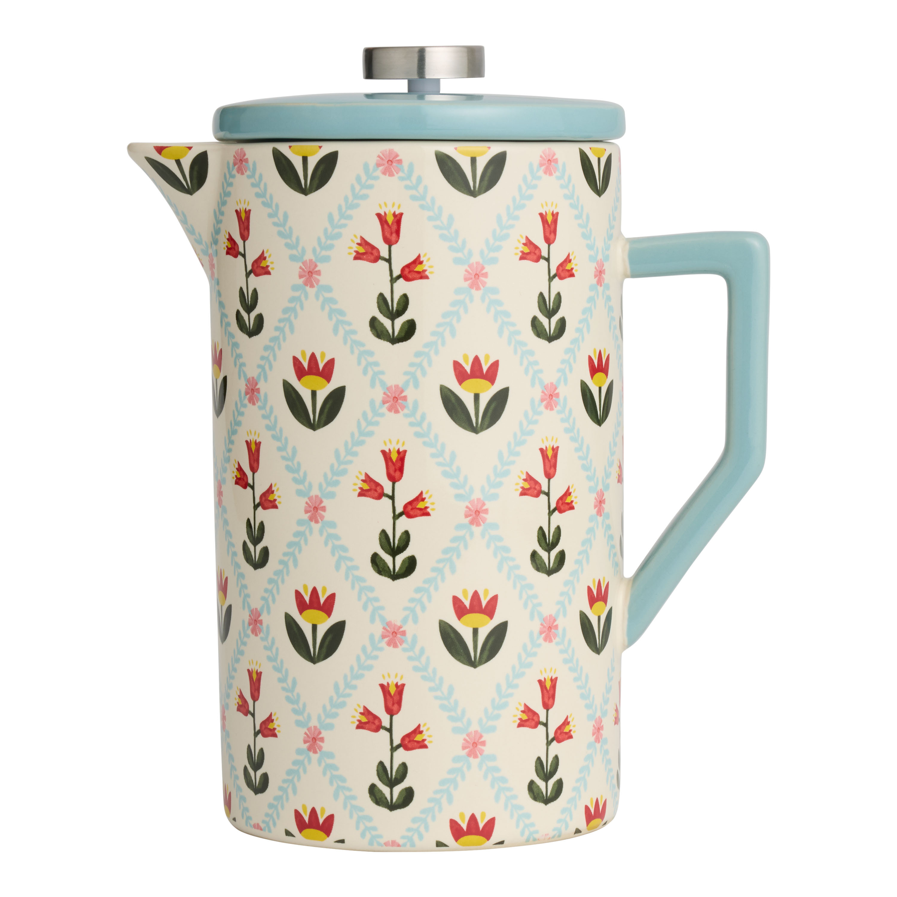 Pale Blue and Cream Ceramic Floral French Press | World Market
