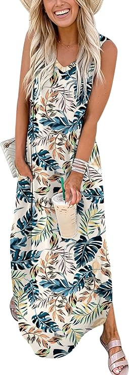ANRABESS Women Maxi Dress Summer Casual Sleeveless V Neck Sundress Coverups Beach Vacation Clothe... | Amazon (US)