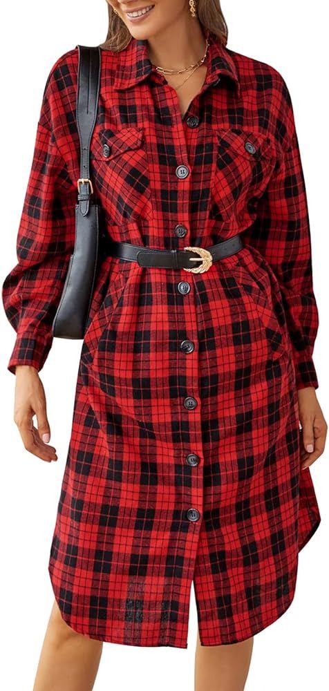 Kate Kasin Women Plaid Shirt Coat Button Up Lapel Long Shacket Jacket with Pocket | Amazon (US)