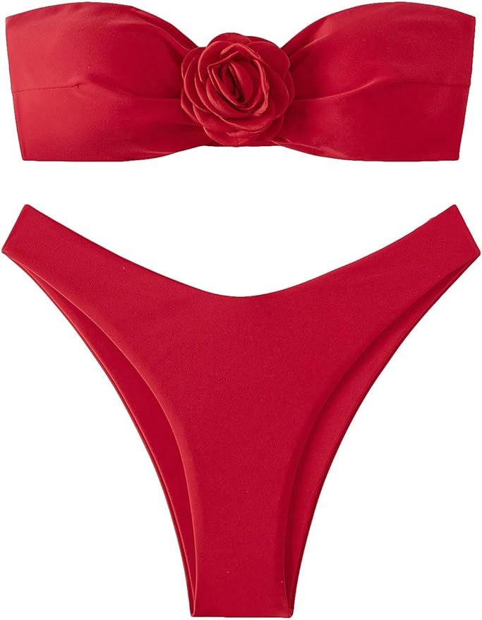 SHENHE Women's 2 Piece Strapless Swimsuit 3D Rose High Cut Flower Bandeau Bikini | Amazon (US)