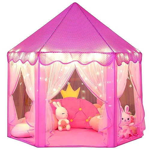 wilwolfer Princess Castle Play Tent for Girls Large Kids Play Tents Hexagon Playhouse with Star Lights Toys for Children Indoor Games (Pink) | Amazon (US)