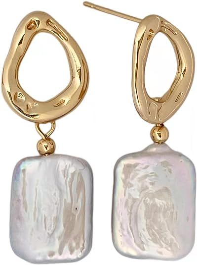 Baroque pearl earrings for Women girl cultured freshwater Pearl Stud hoop square statement earrin... | Amazon (US)