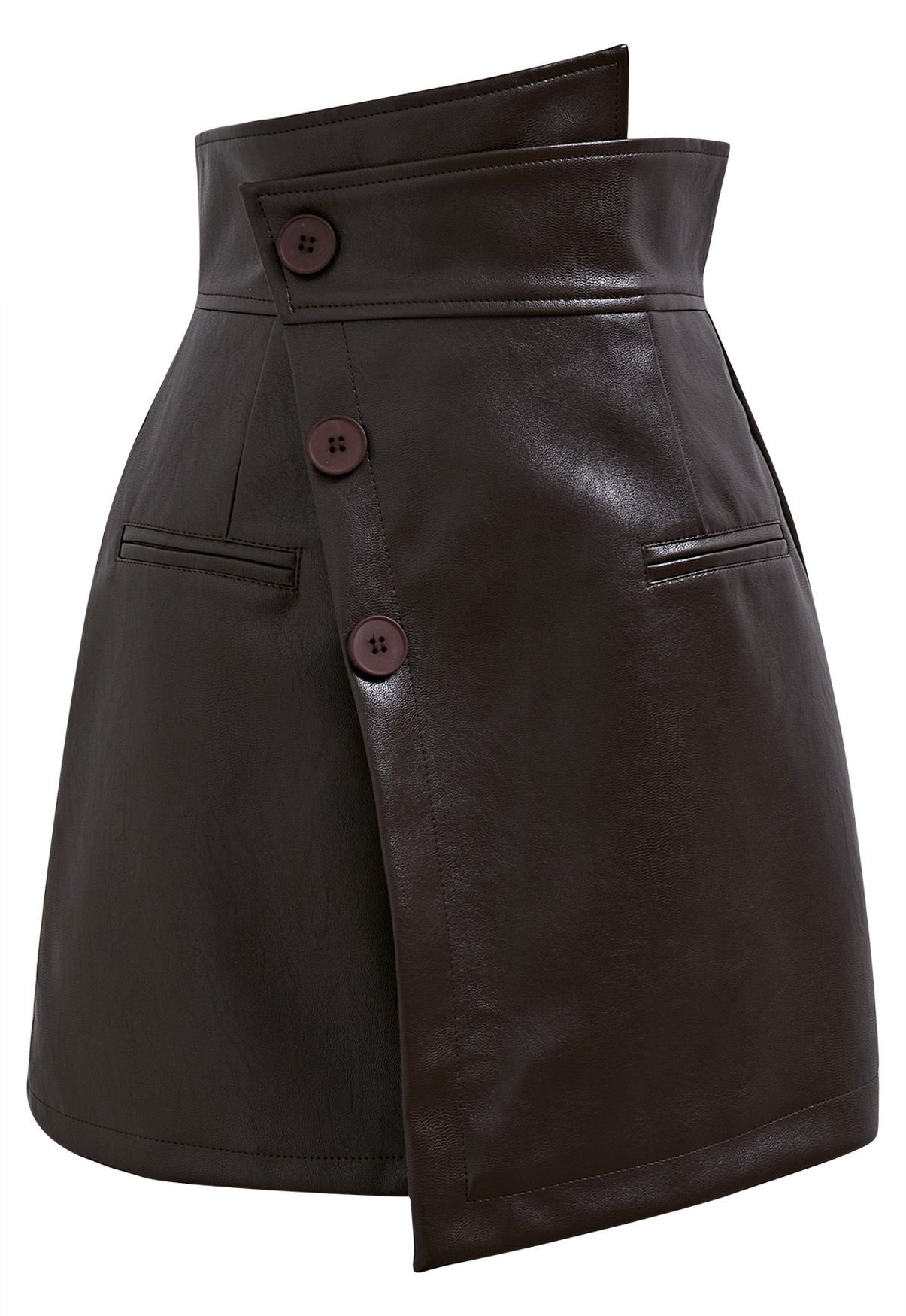 Faux Leather Asymmetric Buttoned Flap Mini Skirt in Brown | Chicwish