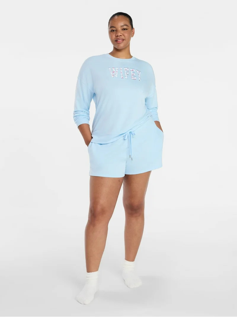 Joyspun Women's Bridal French Terry Knit Long Sleeve Top and Shorts Pajamas Set, Sizes XS-3X | Walmart (US)