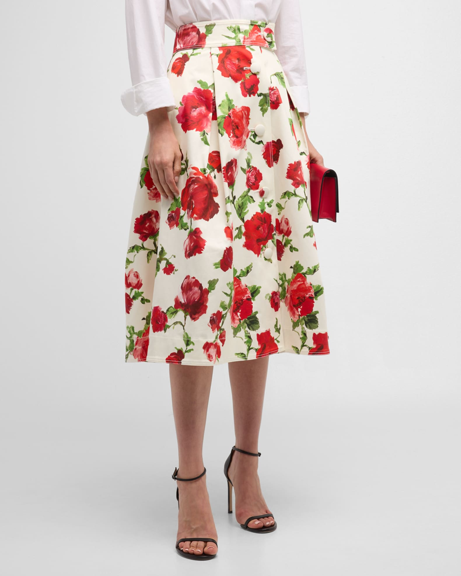 Floral-Print Button-Front Pleated Midi Skirt | Neiman Marcus