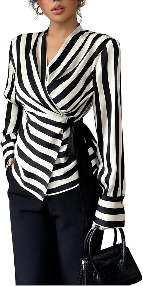 SOLY HUX Women's Tie Front Wrap Tops Striped Long Sleeve Shirt V Neck Dressy Casual Blouses | Amazon (US)