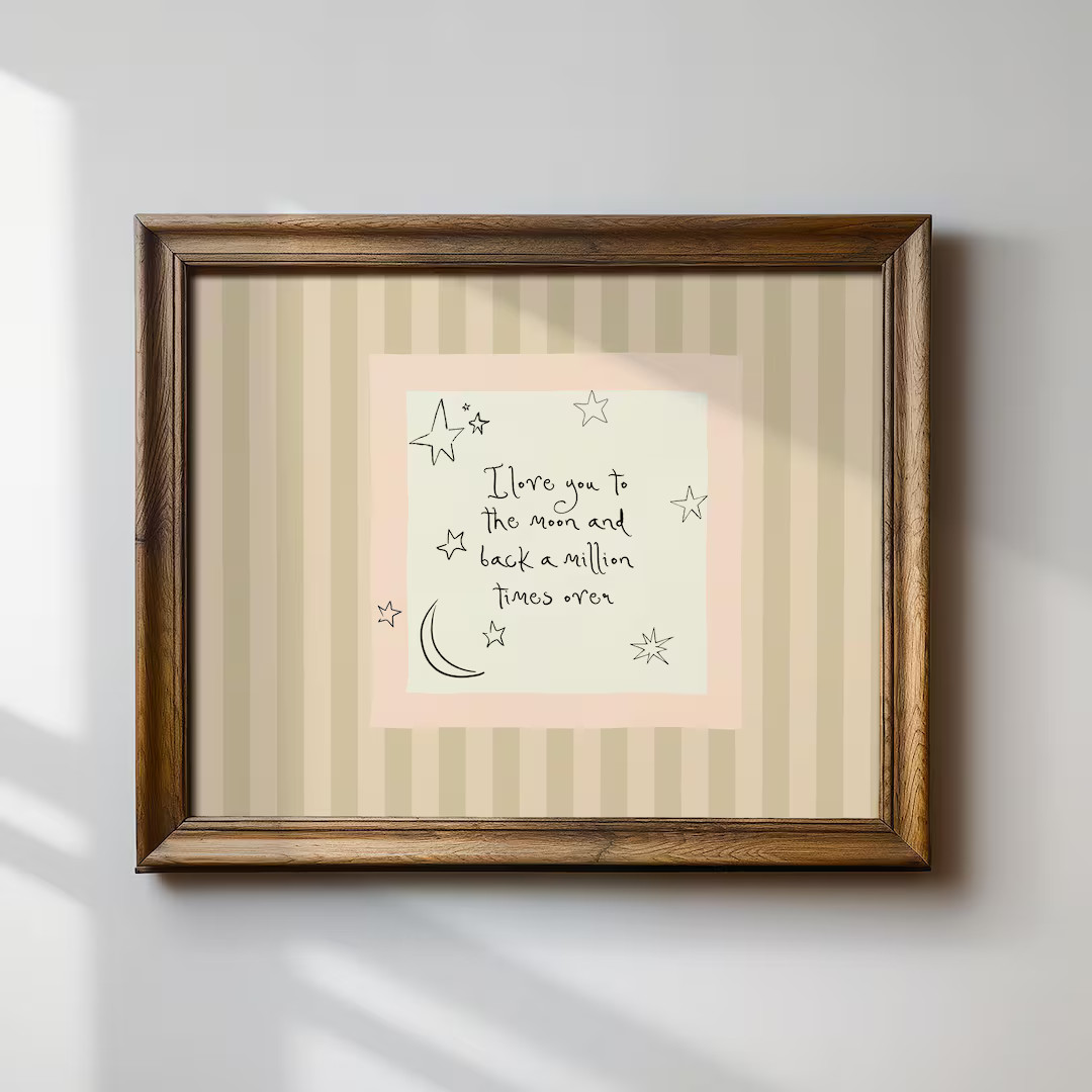 Cream Striped Love You To The Moon, Whimsical Nursery Art Horizontal Print, INSTANT Digital Downl... | Etsy (US)