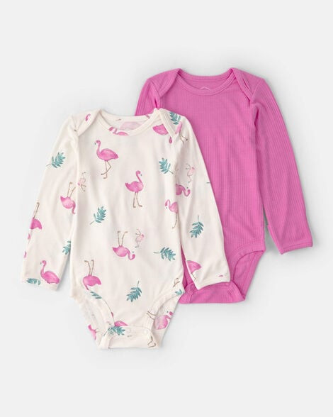 Baby Girl 2-Pack Flamingo PurelySoft Long-Sleeve Multipack Bodysuits - Pink/Ivory | Carter's | Carter's Inc
