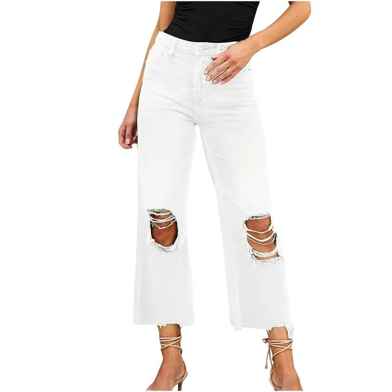 ZyeKqe Jeans for Women Mid Waisetd Ripped Baggy Capri Denim Pants Distressed Sraight Wide Leg Cro... | Walmart (US)