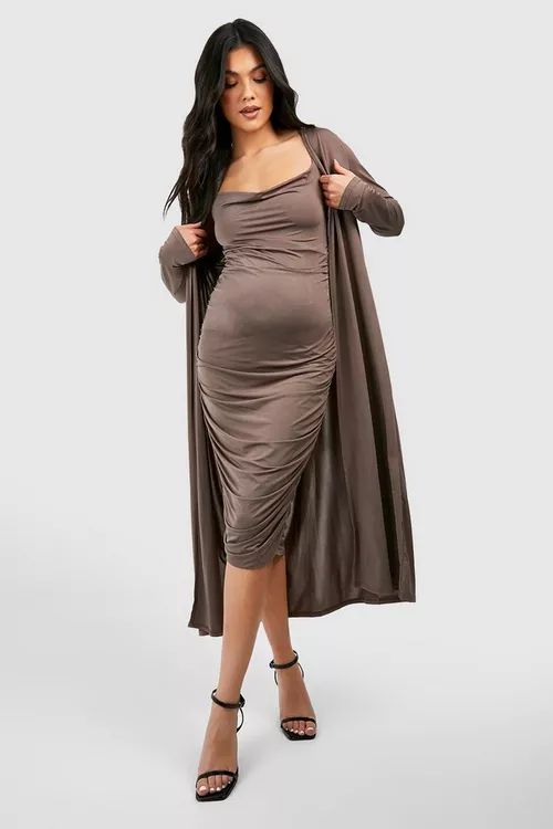 Maternity Strappy Cowl Neck Dress And Duster Coat | Boohoo.com (US & CA)