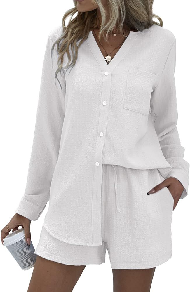 Ekouaer 2 Piece Sets Women Summer Outfits Lounge Sets V Neck Button Down Shirt and Shorts Loungew... | Amazon (US)