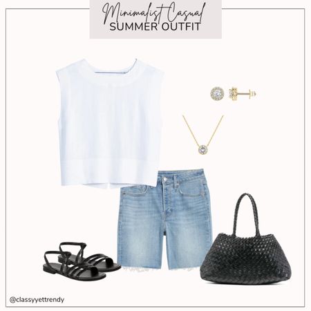 Minimalist casual summer outfit

White linen top
Denim short
Black strap sandals

