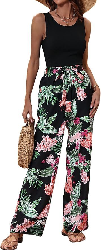 OYOANGLE Women's Boho 2 Piece Outfits Solid Tank Top and Floral Print Wide Leg Pants Jumpsuits Se... | Amazon (US)