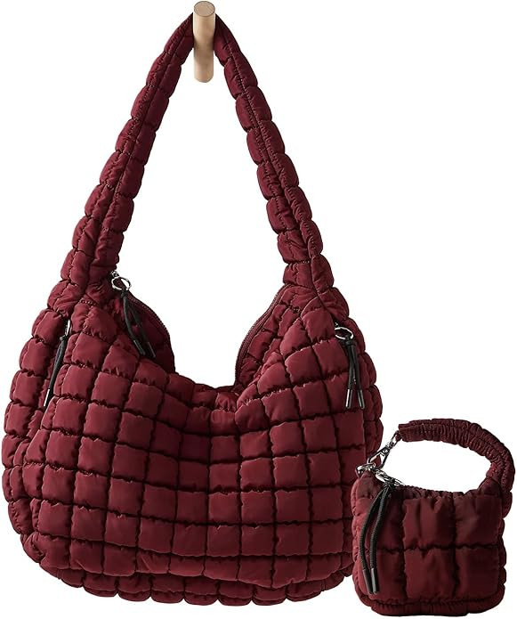 Large Quilted Puffer Tote Bag for Women with Mini Pouch Puffy Crossbody Bags Purse Hobo Puff Shou... | Amazon (US)