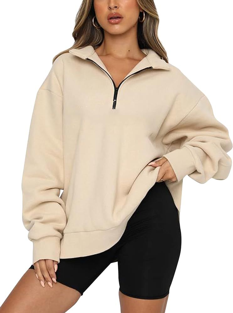 Meladyan Womens Half Zip Sweatshirt Oversized Long Sleeve Collar Drop Shoulder Solid 1/4 Zipper Pull | Amazon (US)