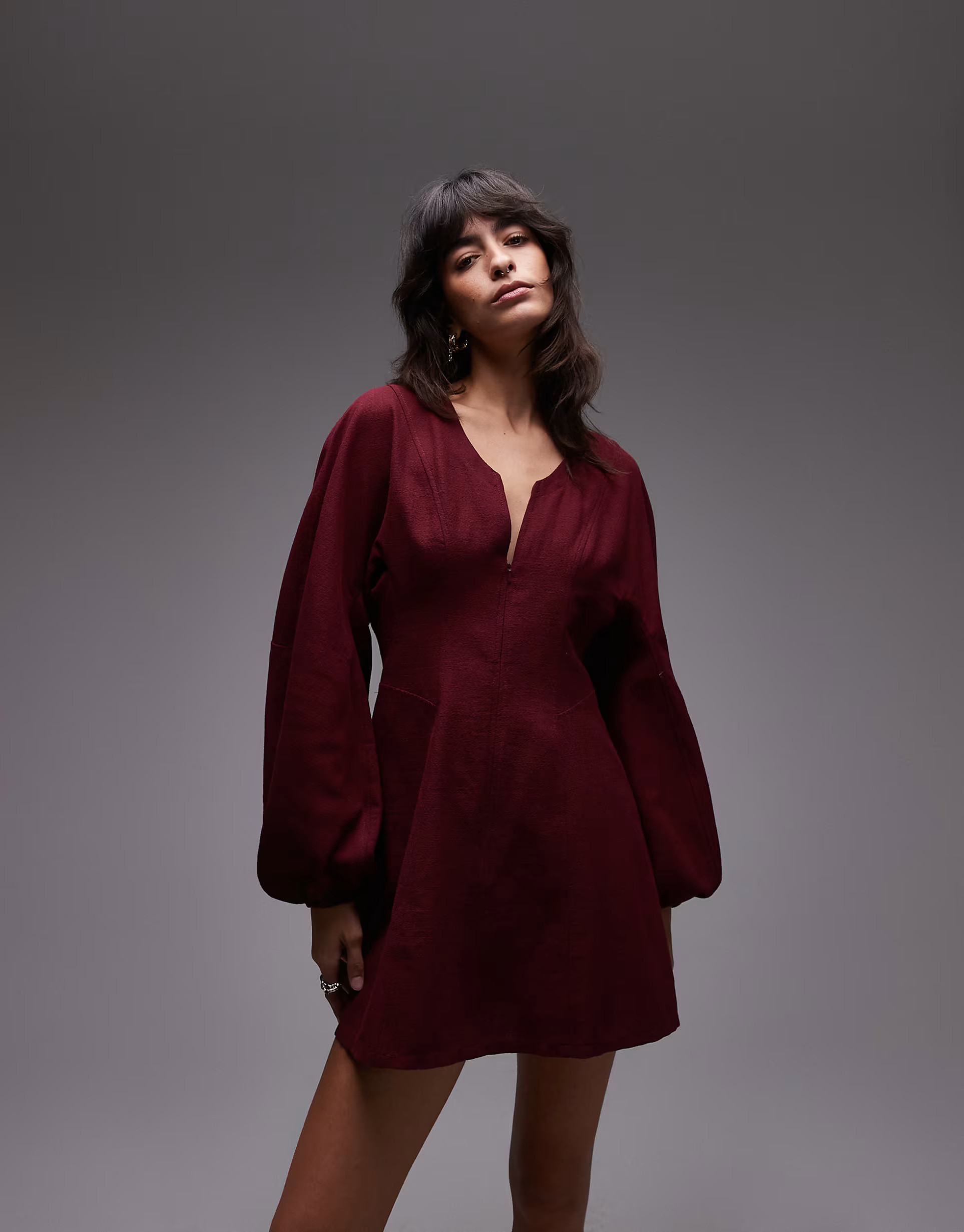 ASOS DESIGN balloon sleeve structured mini skater dress in burgundy | ASOS (Global)