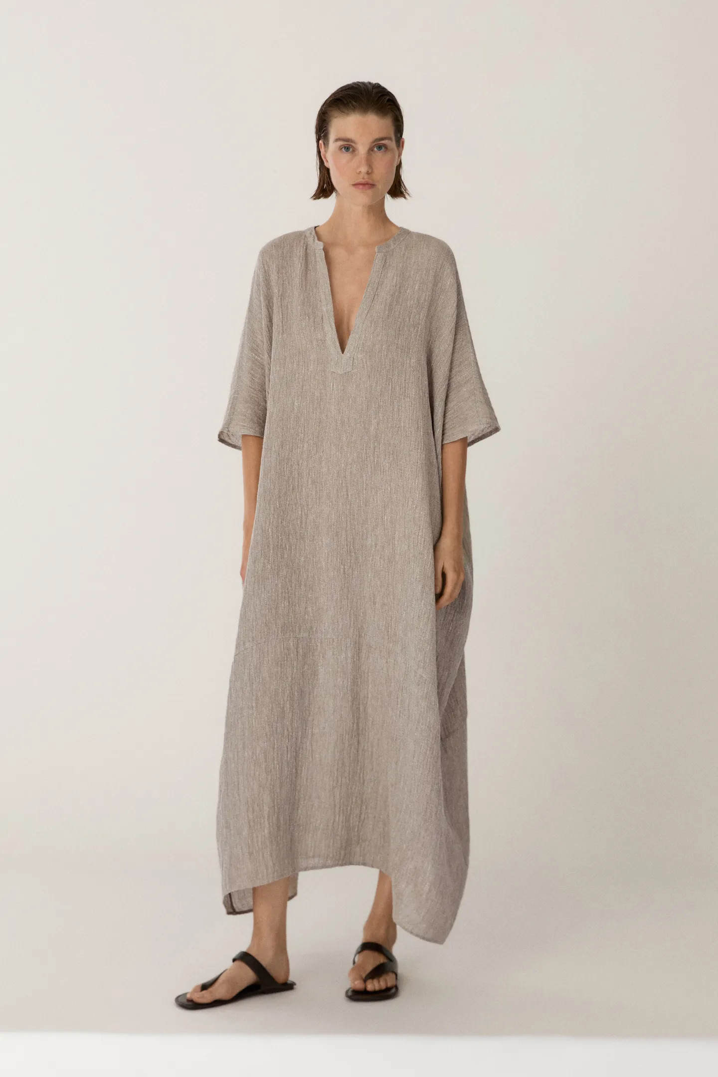 Waffle-knit linen blend kaftan dress · Mink · Swimwear | Massimo Dutti | Massimo Dutti UK