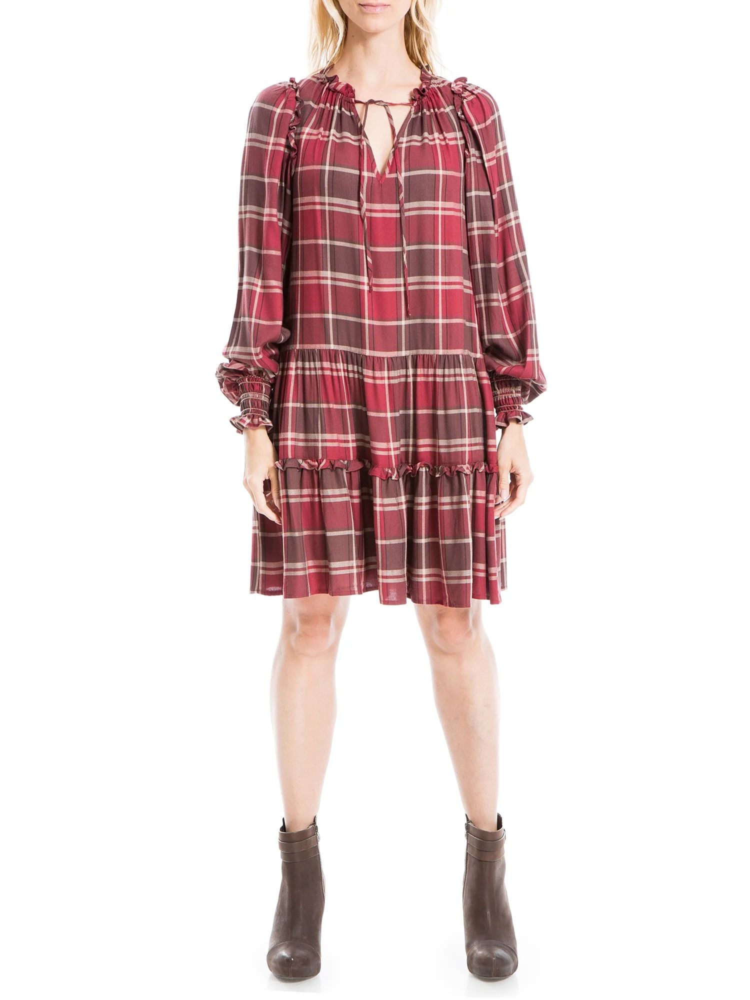 Max Studio Women's Rayon Plaid Long Smock Sleeve Short Dress | Walmart (US)