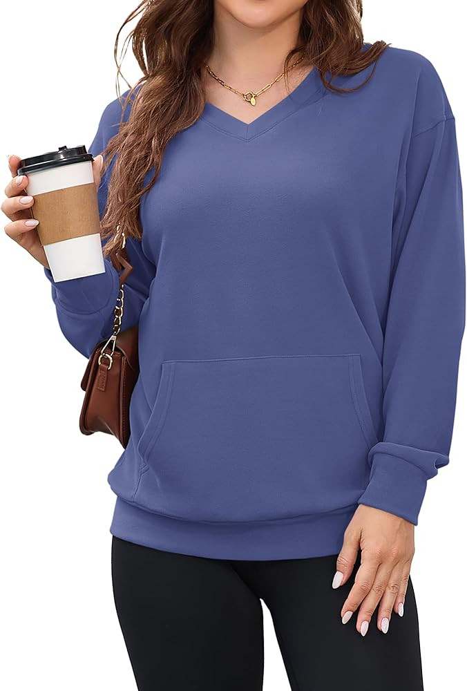 AUSELILY Womens Long Sleeve Sweatshirt Casual Fall V Neck Hoodless Pullover Tops with Pockets | Amazon (US)