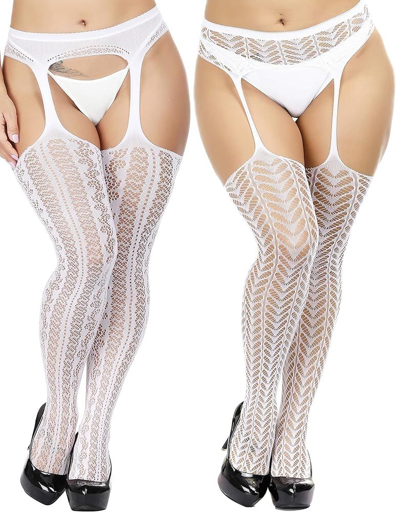 TGD Womens Plus Size Stockings Suspender Pantyhose Fishnet Tights Fashion Thigh High Stocking 2 P... | Amazon (US)